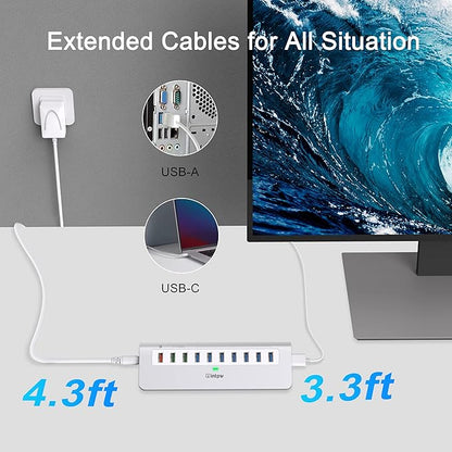 Powered USB Hub 10Gbps, 10 Port USB 3.2 Gen 2 Hub with 7 USB 3.2 Data Ports, 3 Fast Charging Ports, 36W Power Adapter, Type A and Type C Cable, Aluminum USB Hub for Laptop, Mac, PC