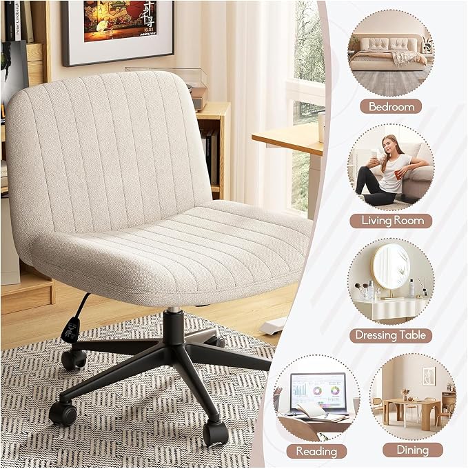 SUNLEI Cross Legged Office Chair with Wheels, Armless Wide Chair's for Vanity Desk, Criss Cross Comfy Chairs with Back, Desk Chair/s of Height Adjustable Swivel, White