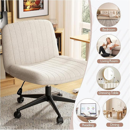 SUNLEI Cross Legged Office Chair with Wheels, Armless Wide Chair's for Vanity Desk, Criss Cross Comfy Chairs with Back, Desk Chair/s of Height Adjustable Swivel, White