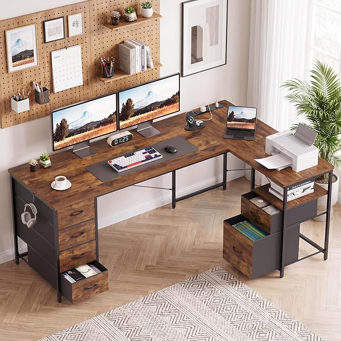 YOUDENOVA 63 Inch L Shaped Desk with Power Outlets & Type-C Port, Reversible Corner Computer Desk with 6 Drawers & File Cabinet, Large Workstation for Home Office, Gaming, Study, Rustic Brown
