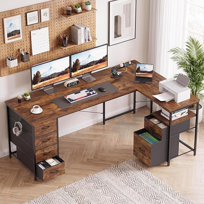 YOUDENOVA 63 Inch L Shaped Desk with Power Outlets & Type-C Port, Reversible Corner Computer Desk with 6 Drawers & File Cabinet, Large Workstation for Home Office, Gaming, Study, Rustic Brown