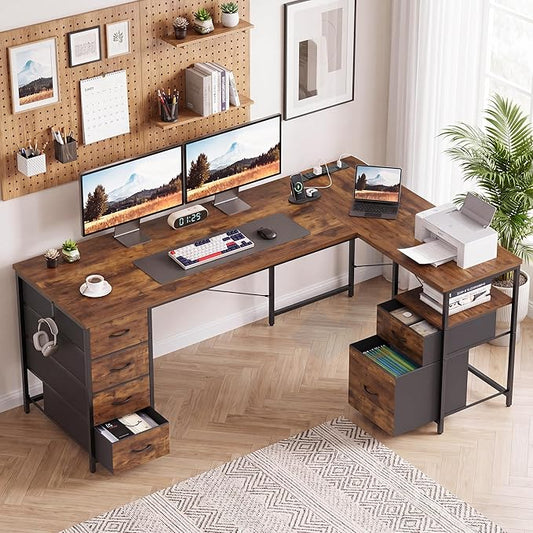 YOUDENOVA 63 Inch L Shaped Desk with Power Outlets & Type-C Port, Reversible Corner Computer Desk with 6 Drawers & File Cabinet, Large Workstation for Home Office, Gaming, Study, Rustic Brown