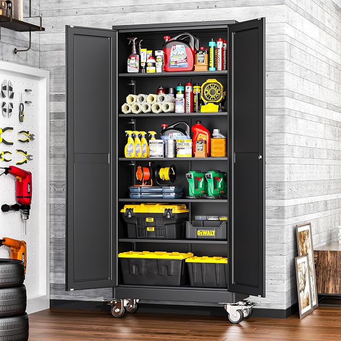 winiowa 75" Tall Metal Garage Storage Cabinet with Wheels, Steel Locking Rolling Tool Cabinet with 5 Adjustable Shelves for Garage,Home,Office (Black)
