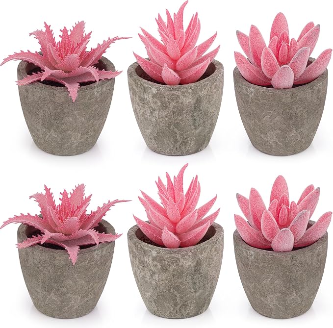 6 Pack Pink Succulents Plants Artificial in Pots, Fake Mini Planted Succulents Pink Room Office Desk Decor for Women