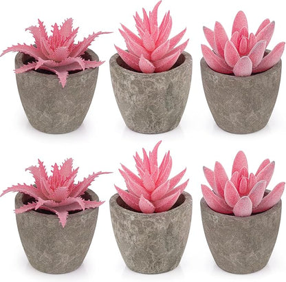 6 Pack Pink Succulents Plants Artificial in Pots, Fake Mini Planted Succulents Pink Room Office Desk Decor for Women