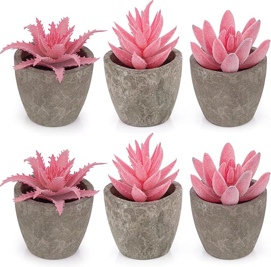 6 Pack Pink Succulents Plants Artificial in Pots, Fake Mini Planted Succulents Pink Room Office Desk Decor for Women
