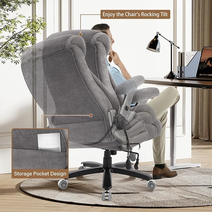 Fabric 700lbs Big and Tall Office Chair, Ergonomic Heavy Duty Executive Cloth Office Chair with 5D Flip Arms & Adjustable Lumbar Support & Dual Rubber Wheel, Large Thick Padded Extra Wide Seat, Grey