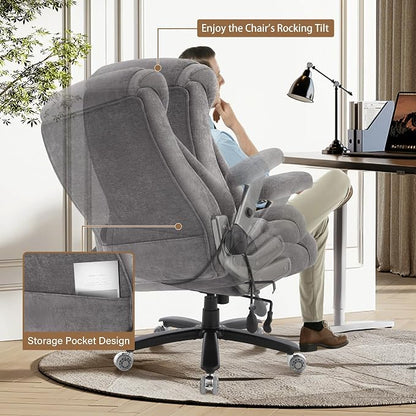 Fabric 700lbs Big and Tall Office Chair, Ergonomic Heavy Duty Executive Cloth Office Chair with 5D Flip Arms & Adjustable Lumbar Support & Dual Rubber Wheel, Large Thick Padded Extra Wide Seat, Grey