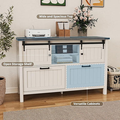 Lateral File Cabinet with Charging Station, Farmhouse Sliding Barn Doors & 2 Drawers, Antique White Printer Stand for Letter/A4/FC Hanging Folders
