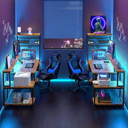 DurayLoly 63" Computer Desk with LED Lights & Outlets,Office Desk with Drawers & Monitor Stand,Gaming Desk with 3 Storage Shelves, Hooks& Printer Space for Game&Study Room,Home Office,Bedroom,Brown
