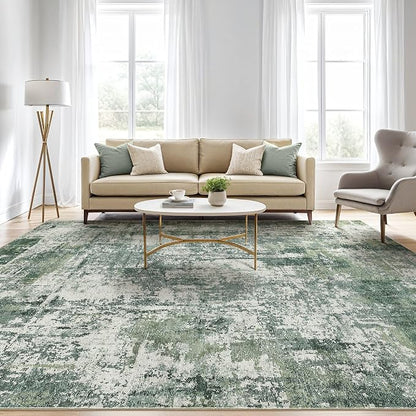 9x12 Area Rug Living Room: Washable Large Abstract Soft Stain Resistant Indoor Floor Rugs Non-Slip Accent Carpet for Bedroom Nursery Playroom Office Dining Room Home House- Dark Green