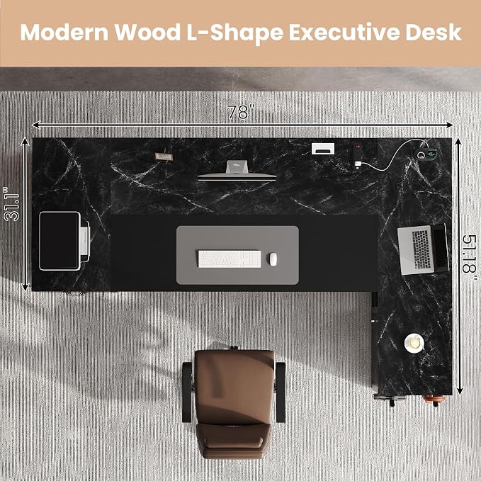 78" Executive Desk with Lockable File Cabinet, L Shaped Office Desk with Power Outlets, Large Executive Desk with Drawers and Storage Shelves, Reversible Computer Desk, Marble Grain