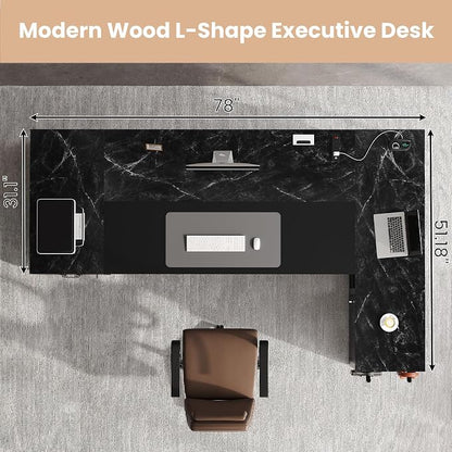 78" Executive Desk with Lockable File Cabinet, L Shaped Office Desk with Power Outlets, Large Executive Desk with Drawers and Storage Shelves, Reversible Computer Desk, Marble Grain