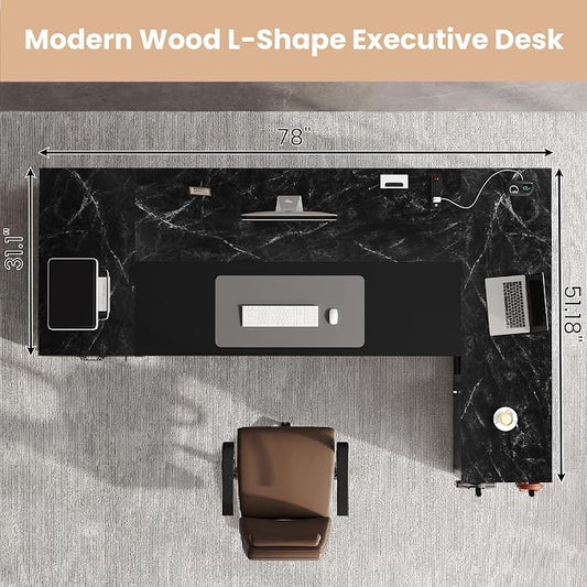 78" Executive Desk with Lockable File Cabinet, L Shaped Office Desk with Power Outlets, Large Executive Desk with Drawers and Storage Shelves, Reversible Computer Desk, Marble Grain
