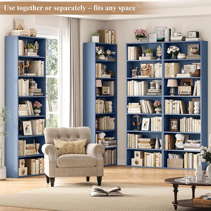 FACBOTALL 82" Tall Bookshelf Set of 2, 7-Tier Double Open Shelves Bookcase,Freestanding Display Storage Shelves, Tall Bookcase Home Decor Furniture for Home Office,Living Room,Bedroom, Blue