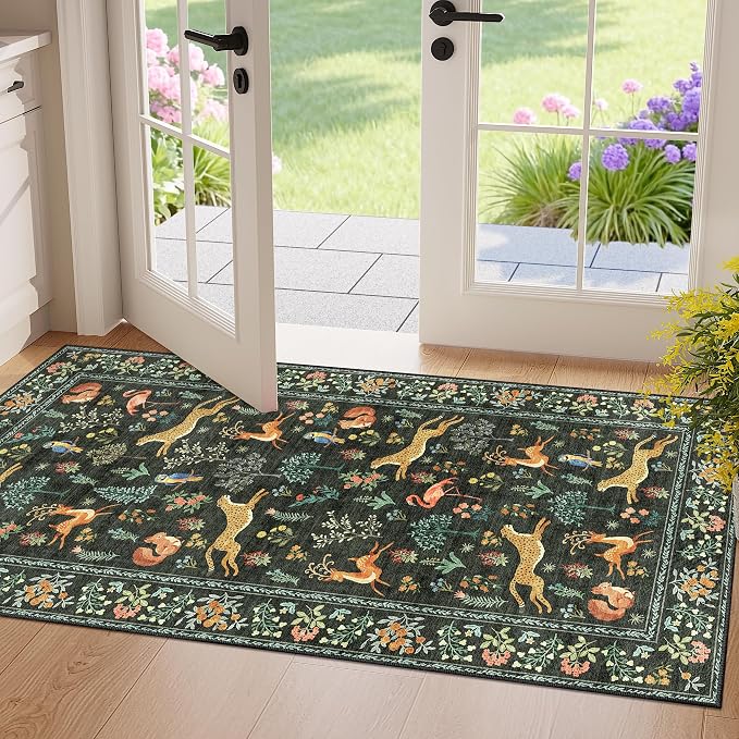 DUKINO 2x4 Rug for Hallway, Washable Kitchen Runner Rug with Non Slip Backing, Soft Low Pile Vintage Animal Runner for Bedroom, Kitchen, Hallway, Entryway, Laundry, Black