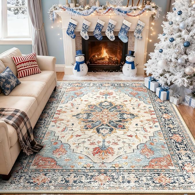 RELEANY Area Rugs 8'x10' Washable Non-Slip, Floral Vintage Distress Medallion Carpet for Living Room Bedroom Dining Room, Beige Navy Blue Orange Colorful