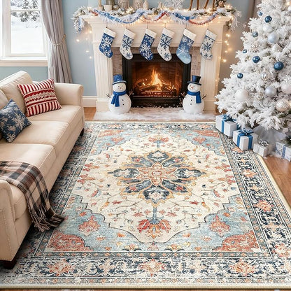 RELEANY Area Rugs 8'x10' Washable Non-Slip, Floral Vintage Distress Medallion Carpet for Living Room Bedroom Dining Room, Beige Navy Blue Orange Colorful