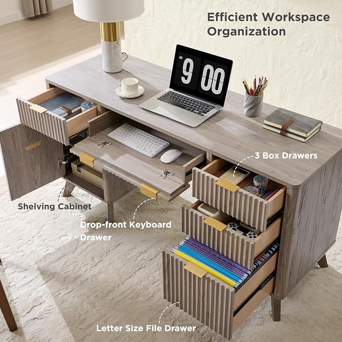 T4TREAM Fluted Executive Desk with Drawers, 60" Modern Home Office Computer Desk with Charging Station, File Cabinet, Keyboard Tray and Storage Cabinet for Study, Living Room, Bedroom, Alder Grey