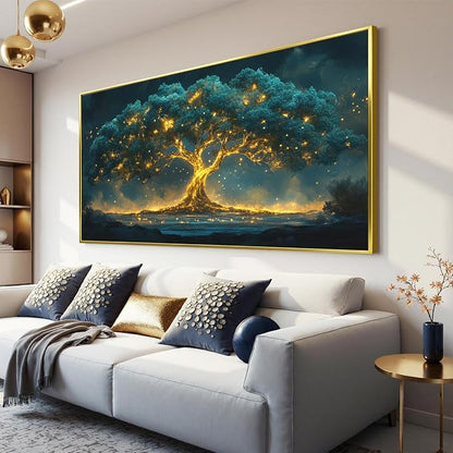 Canvas Wall Art Decor Artwork for Walls Oversized Green Gold Wall Art Prints Gold Framed Large Tree of Life Wall Art for Living Room Canvas Art Wall Decor Home Office Aesthetic Wall Decorations 29" x 58"