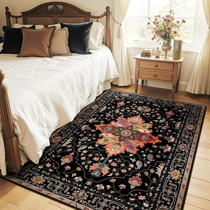 RELEANY Area Rugs 4'x5' Washable Non-Slip, Floral Vintage Distress Medallion Carpet for Living Room Bedroom Dining Room, Black Colorful Floral Dark Tan
