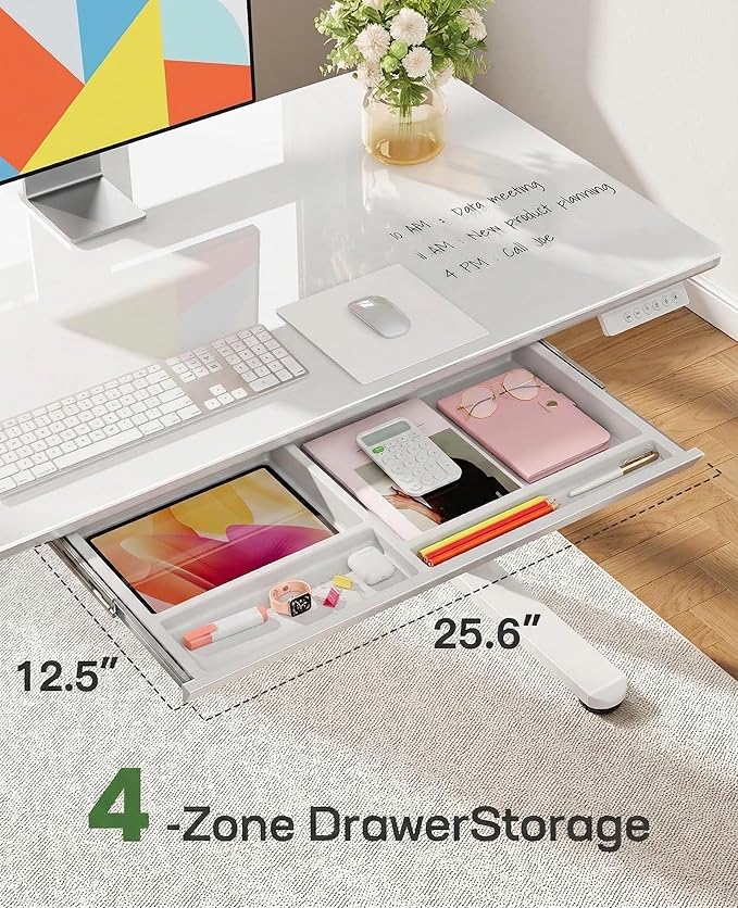 Marsail Glass Electric Standing Desk with Drawer, 40 x 24 Inches Height-Adjustable Desk, One-Piece Tempered Glass Top, Ergonomic Home Office Sit Stand Desk with 4 Preset Heights, White