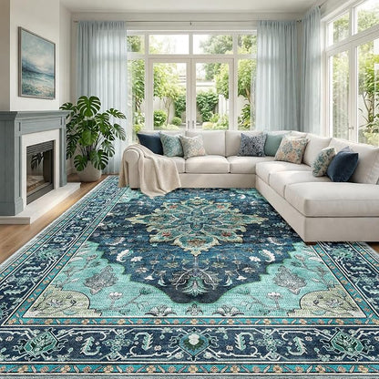 RELEANY Area Rugs Large 10'x12' Washable Non-Slip, Floral Vintage Distress Medallion Carpet for Living Room Bedroom Dining Room, Teal Green Lake Blue Turquoise