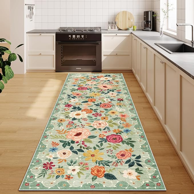 DUKINO 2x10 Kitchen Runner Rug for Hallway, Washable Runner Rug with Non Slip Backing, Low Pile Soft Boho Floral Carpet for Kitchen, Hallway, Entryway, Laundry, Bedroom, Green