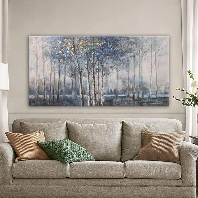 Canvas Wall Art Decor Pictures Wall Decor Prints Modern Large Wall Art Gold Wall Art Blue Grey Misty Botanical Textured Artwork for Walls For Room Living Room Bedroom Office Wall Decor 24"X48"