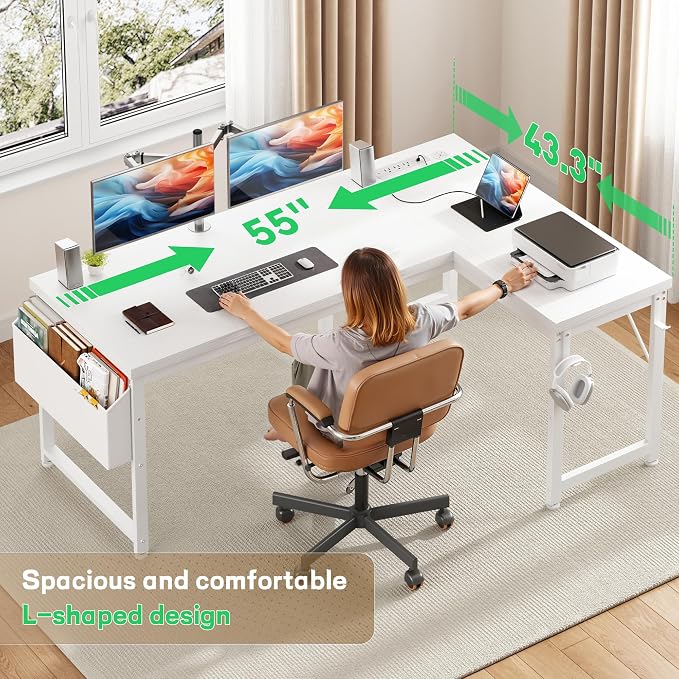 DurayLoly 55" 0.95 Thicker L Shaped Computer Desk for Home Office, White | Reversible Corner Desk with Power Outlet,Gaming Desk with LED Lights,Computer Desk for 2 Monitor,Study Room,Bedroom