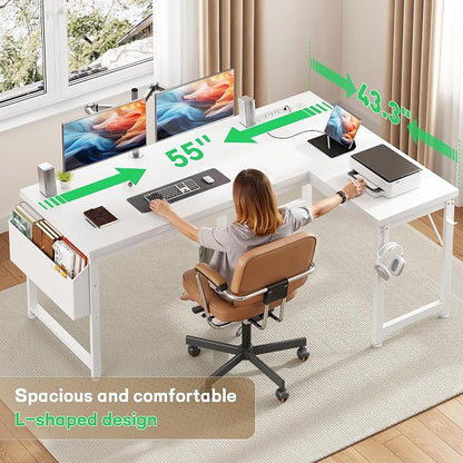DurayLoly 55" 0.95 Thicker L Shaped Computer Desk for Home Office, White | Reversible Corner Desk with Power Outlet,Gaming Desk with LED Lights,Computer Desk for 2 Monitor,Study Room,Bedroom
