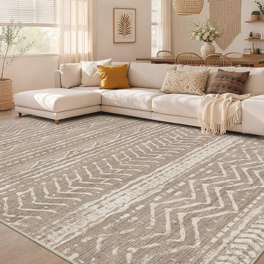Nakagishi Area Rug Living Room Rugs: 12x18 Large Soft Machine Washable Boho Moroccan FarmNeutral Stain Resistant Indoor Floor Carpet for Bedroom Under Dining Table Home Office Decor-Dark Brown