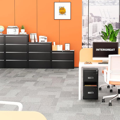 INTERGREAT File Cabinet 4 Drawers, Black Metal Lateral Filing Cabinet for Home Office, Locking Horizontal File Cabinet for Hanging Files Letter/Legal/F4/A4