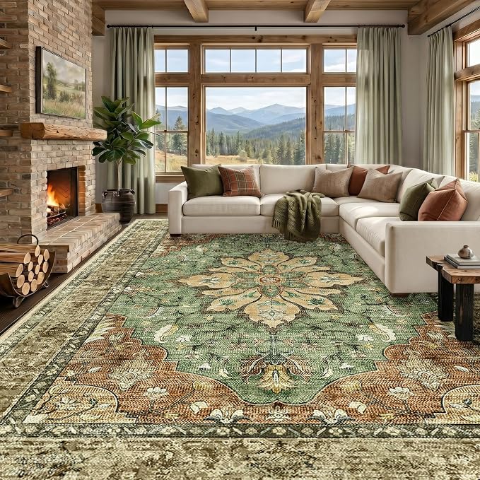 RELEANY Area Rugs Large 10'x12' Washable Non-Slip, Floral Vintage Distress Medallion Carpet for Living Room Bedroom Dining Room, Terracotta Burnt Orange Green