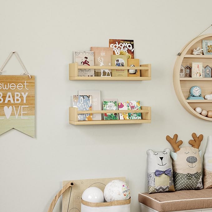 Onlysky Set of 4 Wall-Mounted Kid's Bookshelf - Wood Floating Nursery Book Shelves - Durable Wood Construction - Ideal for Nursery Decor, Kids Room, Toy Storage