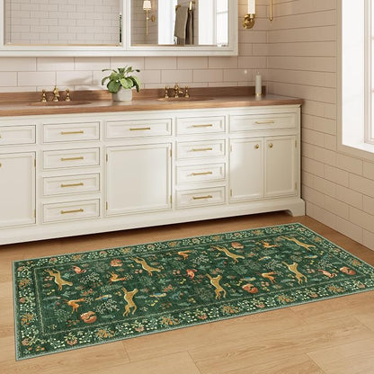 DUKINO 2x5 Rug for Hallway, Washable Kitchen Runner Rug with Non Slip Backing, Soft Low Pile Vintage Animal Runner for Bedroom, Kitchen, Hallway, Entryway, Laundry, Green