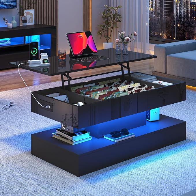 39.4" Large Lift Top Coffee Table,Modern High Glossy LED Coffee Tables for Living Room with Storage,Black Living Room Tables for Living Rooms,Dining Room,Bedroom Home Office,APP LED Lights（Black）