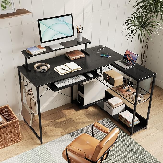 L Shaped Gaming Desk with Power Outlets & RGB Lights, 46'' L- Shaped Desk Computer Corner Desk with Monitor Stand & Storage Shelf & Hook, Home Office Desk Writing Desk, Black