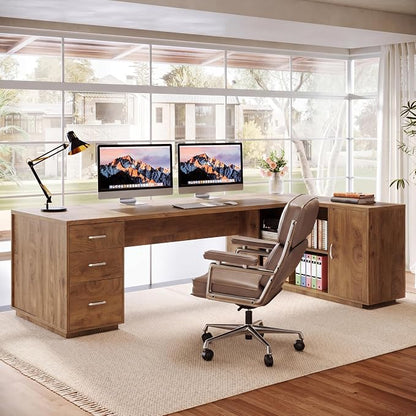 Tribesigns 85.8-Inch L-Shaped Executive Desk with File Drawers, Door Cabinet & Shelves, Extra Large Commercial Office Desk, Modern Professional Office Table, Business Furniture, Natural Oak