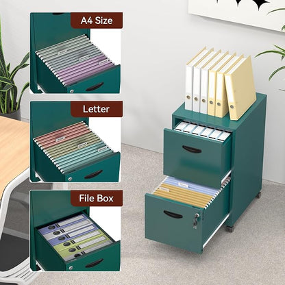 2 Drawer Mobile File Cabinet with Lock, Green Metal Filing Cabinets with Wheels, Vertical Rolling File Cabinet Fit Hanging Files, Letter and A4 Documents