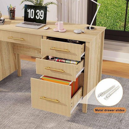 Modern Executive Desk with Drawers: 55" Oak Home Office Desks with File Drawers, Fluted Desk with Storage, Wood Computer Desks for Work, Study and Living Room (Oak, 54")