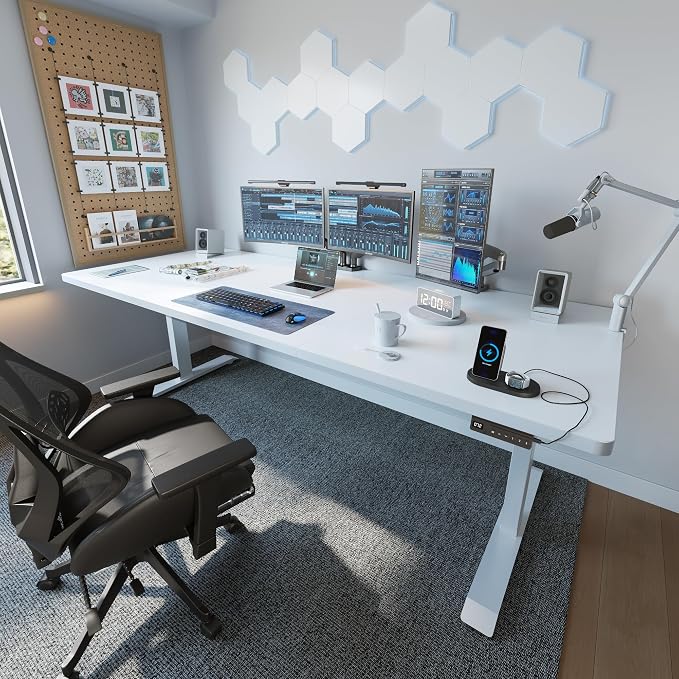 FEZIBO 63 x 37 Inch Electric Standing Desk with Integrated Dual-Beam & Cable Management, Memory Height Adjustable Computer Desk for Home Office Workstation, 1" Thick Large 3-Piece Tabletop White