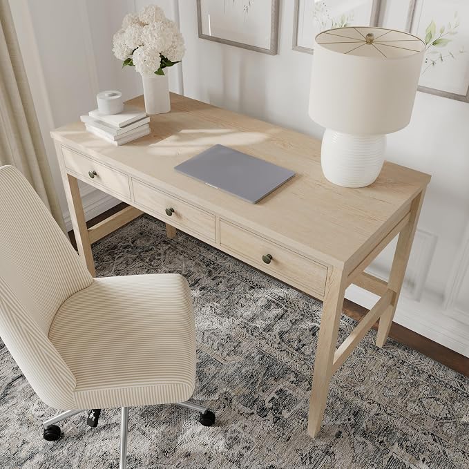Martha Stewart Rhett Home Office Desk with 3 Drawers and Tapered Legs in Light Natural with Antique Bronze Hardware