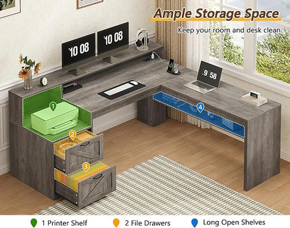 YOMILUVE Farmhouse 63" L Shaped Desk with Drawers, Home Office Desks with Storage Shelves and Printer Stand, Corner Computer Desk with Power Outlets and Monitor Stand,Grey