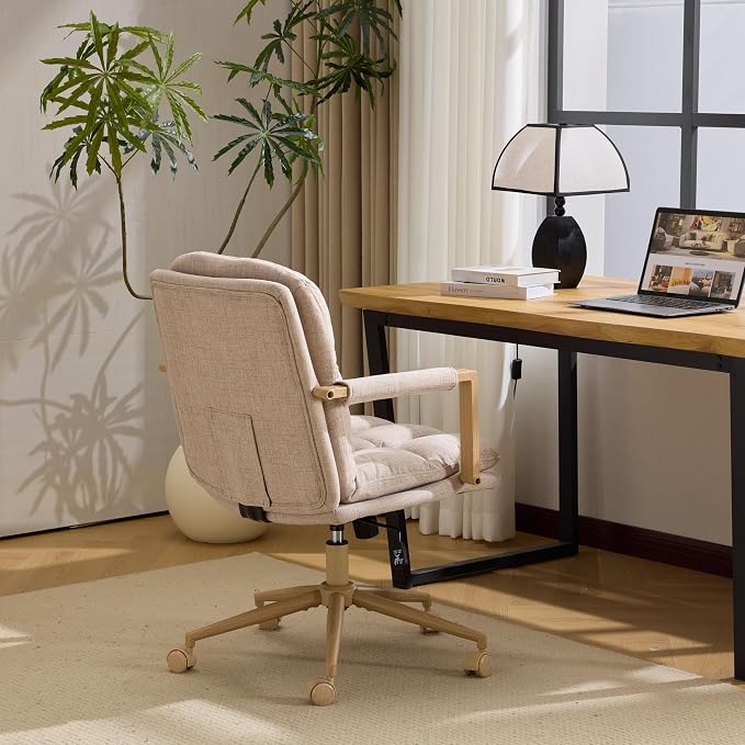 VINGLI Comfy Linen Office Desk Chair with Wheels & Detachable Cushions & Wood-Like Armrests,Swivel Small Computer Task Chair,Adjustable for Girl Makeup Vanity,Teen/Kids Study,Nail Tech,Sewing,Khaki