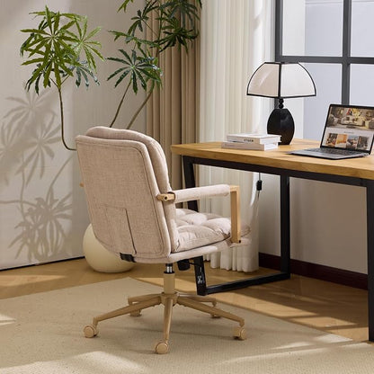 VINGLI Comfy Linen Office Desk Chair with Wheels & Detachable Cushions & Wood-Like Armrests,Swivel Small Computer Task Chair,Adjustable for Girl Makeup Vanity,Teen/Kids Study,Nail Tech,Sewing,Khaki