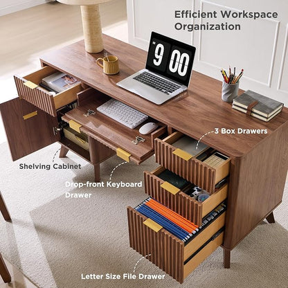 T4TREAM Fluted Executive Desk with Drawers, 60" Modern Home Office Computer Desk with Charging Station, File Cabinet, Keyboard Tray and Storage Cabinet for Study, Living Room, Bedroom, Light Walnut