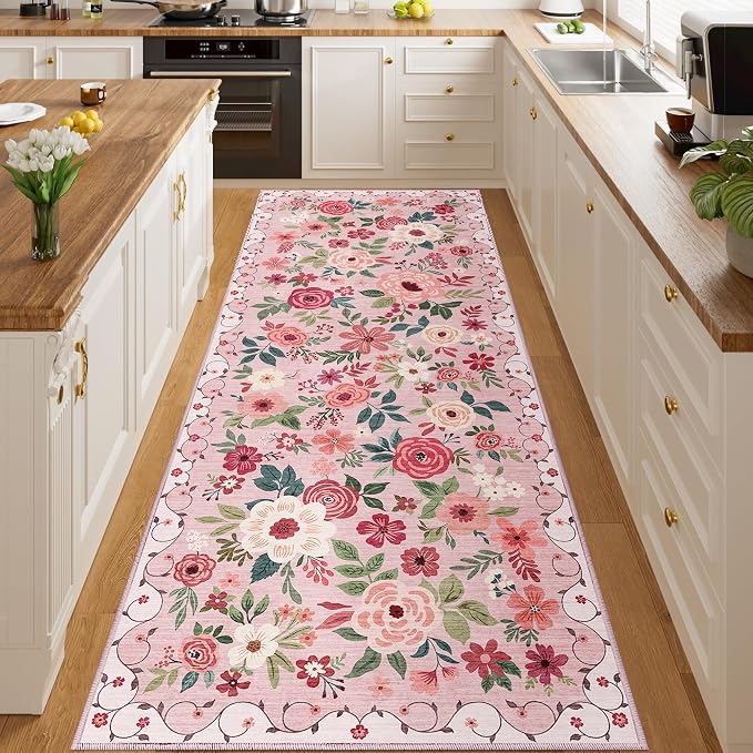 DUKINO 3x8 Runner Rug, Washable Rug for Kitchen with Non Slip Backing, Soft Non Shedding & Low Pile Design Long Floor Carpet Runner for Hallway, Bathroom, Entryway, Laundry, Pink