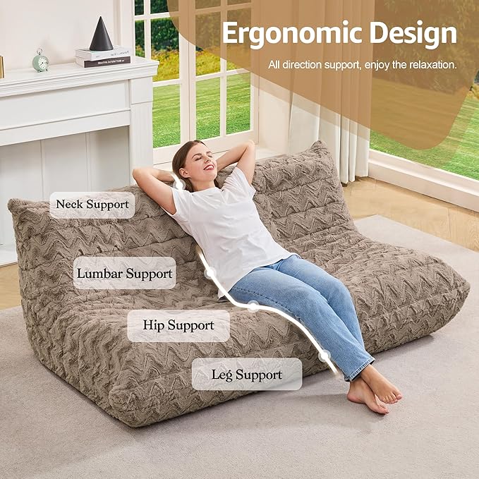 Hobestluk Giant Bean Bag Chair Faux Fur BeanBag Couch for Living Room | Brown Chevron, 3-Seater,Ergonomic Design,Memory Foam,Anti-slip Bottom,No Assembly Required,Decorative Style for Living Room