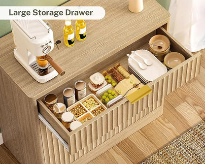 TEENFON 63" Fluted Buffet Sideboard Cabinet with Storage, Buffet Table Coffee Bar Wine Bar Storage Cabinet with Adjustable Shelf for Living Room, Kitchen, Natural
